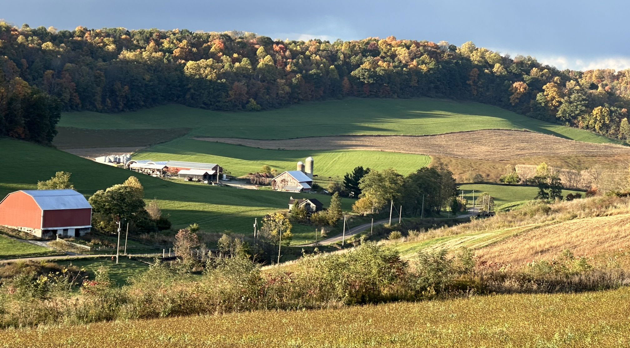 Dancing Star Farm Seed farm sitting in a valley surrounded by farm land, hay fields, and trees